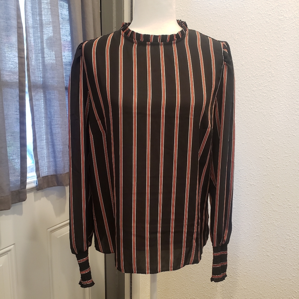 Long sleeve black,red and white stripped blouse